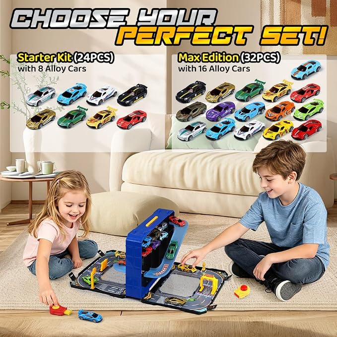 Drefirsa 24 in 1 Race Car Track Set, Toy Cars for Boys Age 3-5 4-7 | 8pcs 1:64 Diecast Vehicle, 2 Launchers, Race Track, Portable Storage Case, Outdoor Indoor Play, Gift for 3 4 5 6 Year Boy