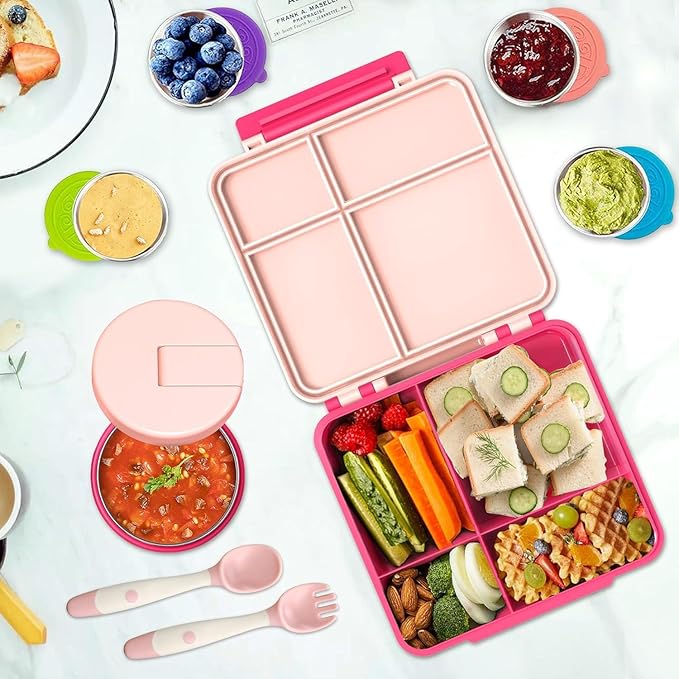 Kids Bento Lunch Box with 8oz Soup Thermo, Kids Leakproof Lunch Food Containers with 4 Compartment,Insulated Hot Food Jar with Lunch Bag for School, Travel (Pink)
