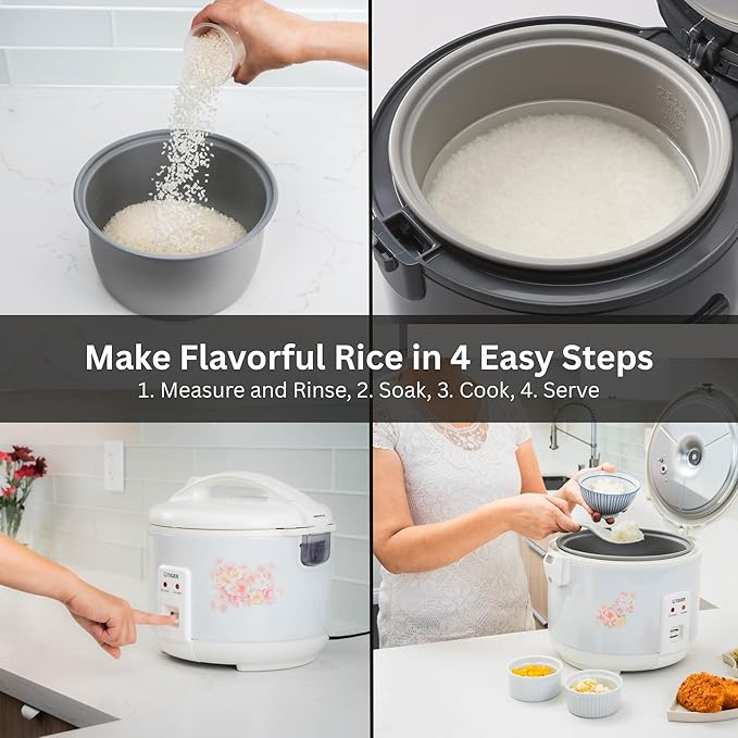 Tiger JNP-1500-LF 8 Cup Capacity White Rice Cooker with Non-Stick Inner Pot, Retractable Power Cord, and Keep Warm up to 12 hours (Flower)