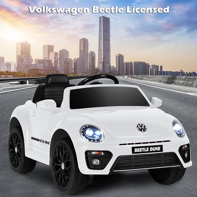 Costzon Ride on Car, 12V Licensed Volkswagen Beetle Battery Powered Vehicle w/Remote Control, Spring Suspension, Lights, USB, Horn, Music, 4 Wheeler for Boy Girl Gift, Electric Car for Kids, White