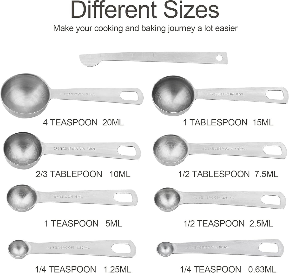 Measuring Cups and Spoons Set, Stainless Steel Measuring Cups, 18/8(304) Material Heavy Duty 7 Measuring cups and 8 Measuring Spoons 1 Leveler and 2 rings Pack 18pcs Per set