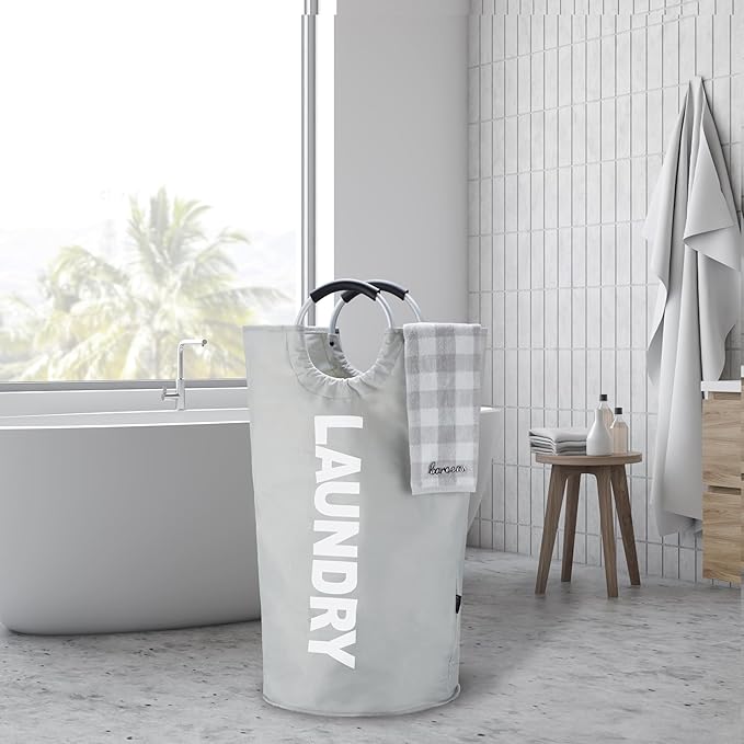 Caroeas 125L Laundry Basket,Large Laundry Hamper, Laundry Bag with Padded Handles, Clothes Hamper Stands Up Well, Collapsible Free Standing Easy Storage Washing Bin (Light Grey,125L)