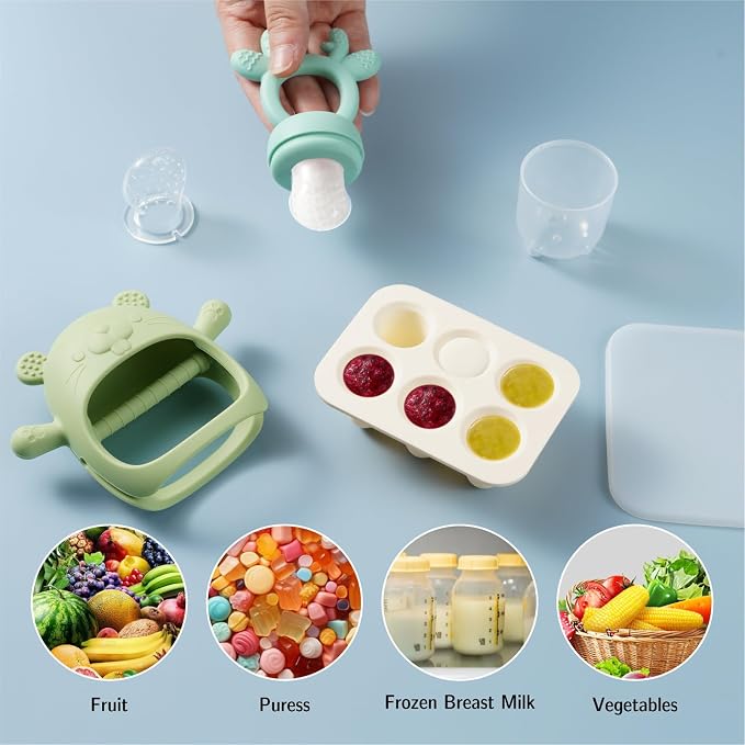 Baby Fruit Feeder with Popsicle Mold Cute Teething Toys Silicone Teethers for Babies 3-12 Months for Baby Feeding Gift (GreenB)