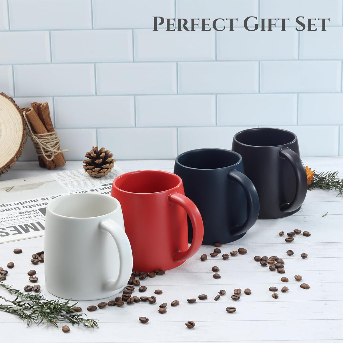 Classic Mug, 14 oz Large Coffee Mug with Handle, Ceramic Porcelain Tea Cup, Smooth Matte (Sliding Lid, Set of 2, White and Black)