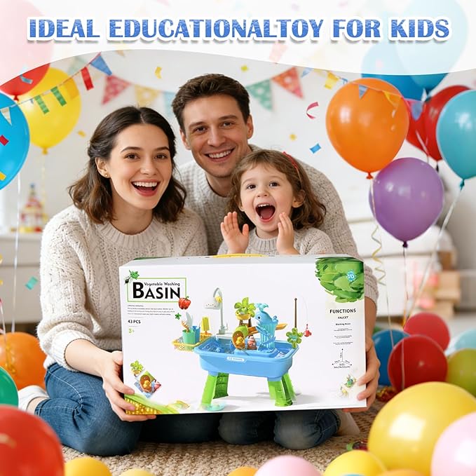Water Table for Toddlers 1-3, Kids Play Sink for Toddlers with Pump, Whale Slide, Waterfall Shower & Pretend Kitchen Accessories, Summer Baby Water Toy for Outdoor Backyard Sensory Play(Blue)