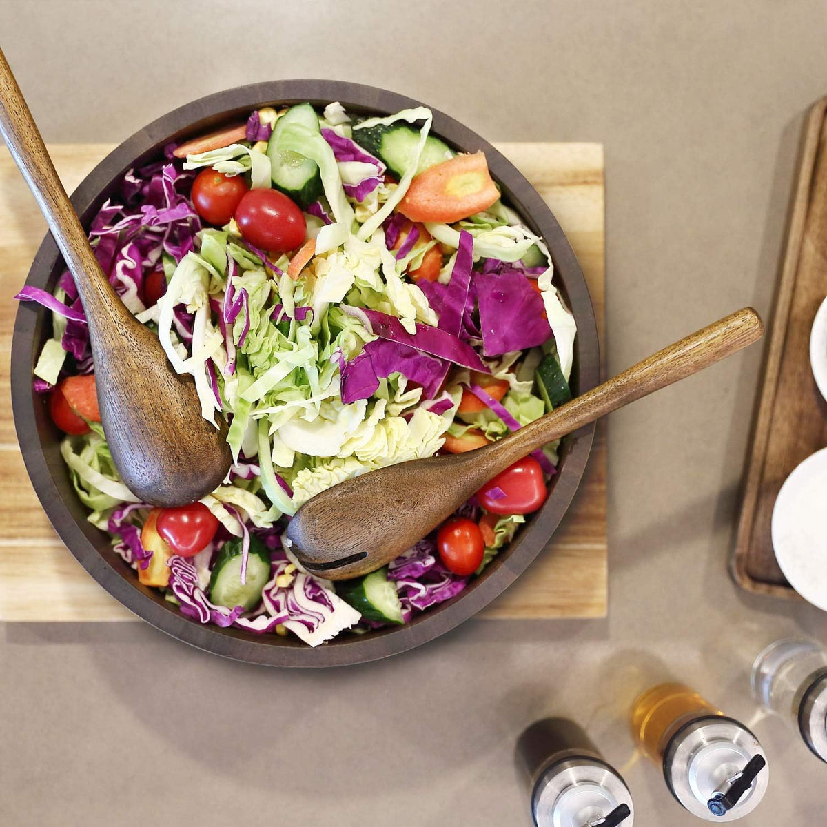 Wooden Salad Bowl, Black Walnut Wood Salad Bowl Set, 12 * 4.3 inch Large Natural Wooden with Fork and Spoon,Premium Eco-Friendly 346oz /10.8qt for Kitchen,Dining,Serving & Mixing Food