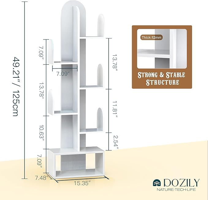 Cactus Tree Bookshelf, 5-Tier Wood 50" Tall Corner Book Storage Rack for CDs/Movies/Books, Small Space-Saving Organizer Shelves for Living Room, Bedroom, Home Office (White)
