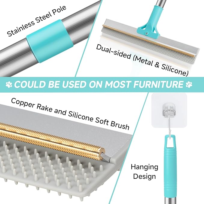 Carpet Rake for Pet Hair Removal Tool, Reusable Pet Hair Remover Broom, Dog&Cat Hair Remover Scraper Rake with 54” Adjustable Long Handle, 3 Pcs Carpet Brush Rake for Rugs, Mats, Couch, Furniture
