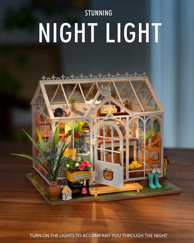 Rolife DIY Miniature Dollhouse Kit, Build 9.6" Greenhouse Diorama Kit Building Set with LED Room Hobby Craft for Aduls Uniue Gifts for Teens (Dreamy Garden)