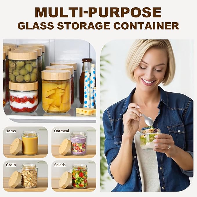 4 Pack 10oz Glass Jars with Bamboo Lids, Overnight Oats Containers with Airtight Lids, Storage Containers Wide Mouth Mason jars for Salad,Yogurt, Sugar, Snacks, Spices