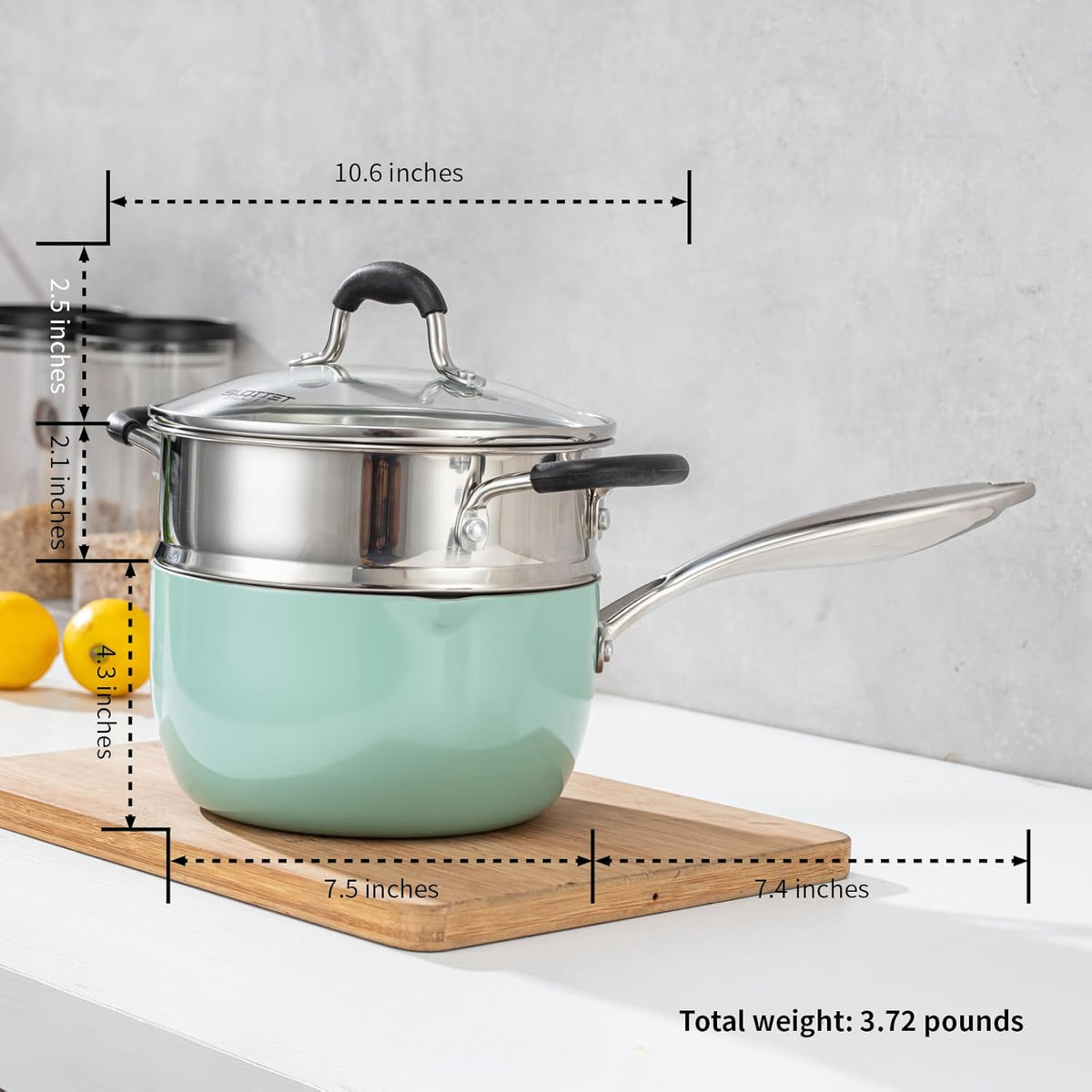 Ceramic Nonstick Tri-Ply Stainless Steel Sauce Pan with Steamer,2.5 Quart Small Multipurpose Pot with Pour Spout,Strainer Glass Lid, 2qt Saucepan for Cooking with Stay-cool Handle,Green