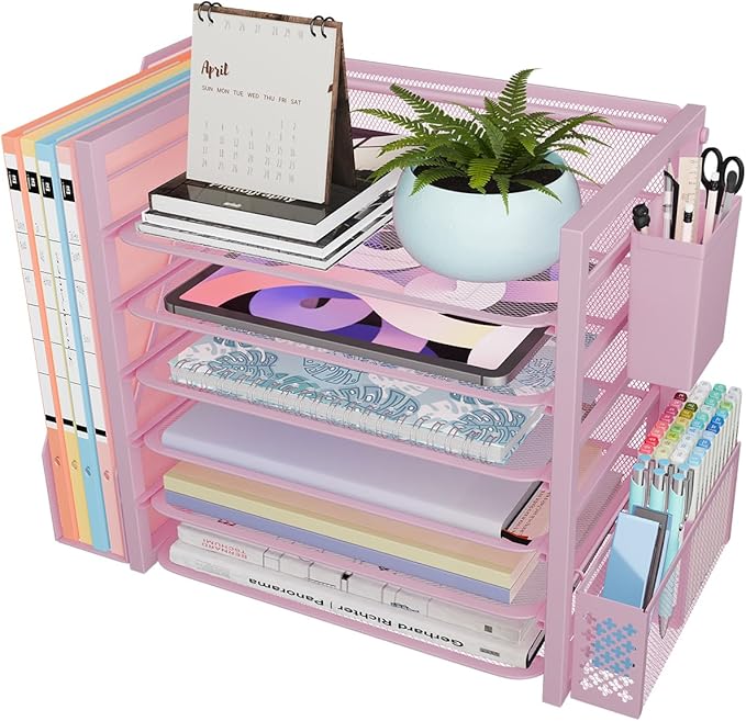 Simple Trending 6 Tier Desk File Organizer, Paper Letter Tray Organizer with File Holder and Pen Container, Pink