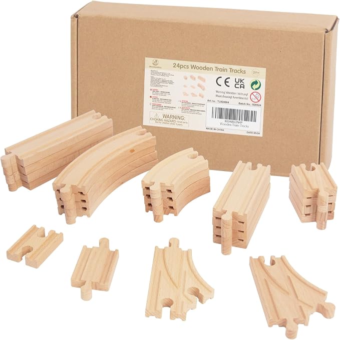 Wooden Train Tracks 24 Piece Set, Track Expansion and 9 Distinct Pieces - 100% Compatible with All Major Brands Including Thomas Wooden Railway System