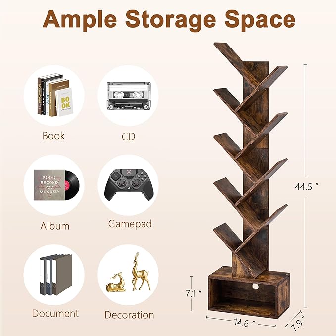 Hoctieon 9 Tier Tree Bookshelf, Tall Bookcase with Drawer, Wood Book Shelf, Modern Floor Standing Bookshelves, Book Organizer Shelves for Bedroom, Living Room, Home Office, Rustic Brown