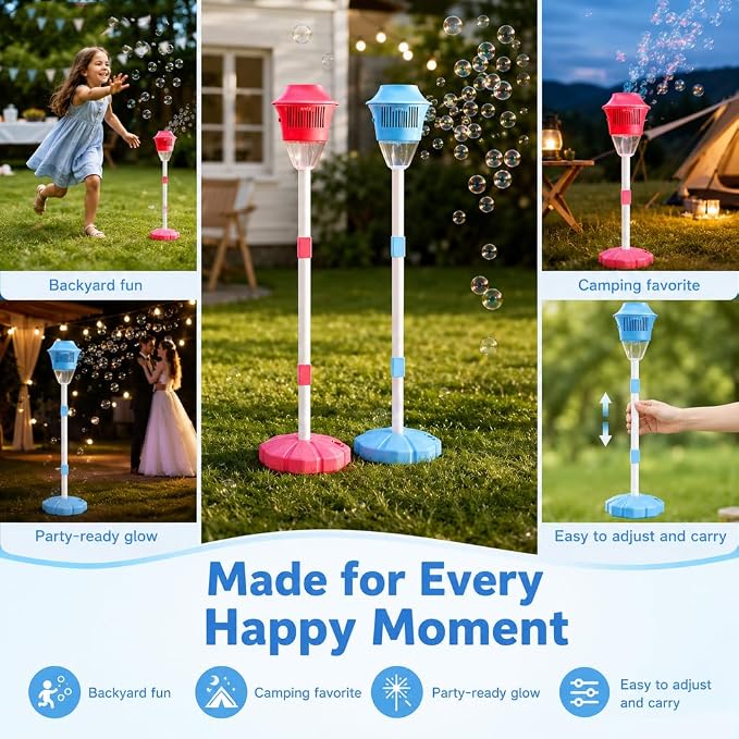 New Bubble Machine, 47in Rechargeable Automatic Bubble Maker with Light Music, 3 Level Heights Adjustable, Detachable Bubble Wand for Outdoor Party Wedding, Includes Bubble Solution (Blue)