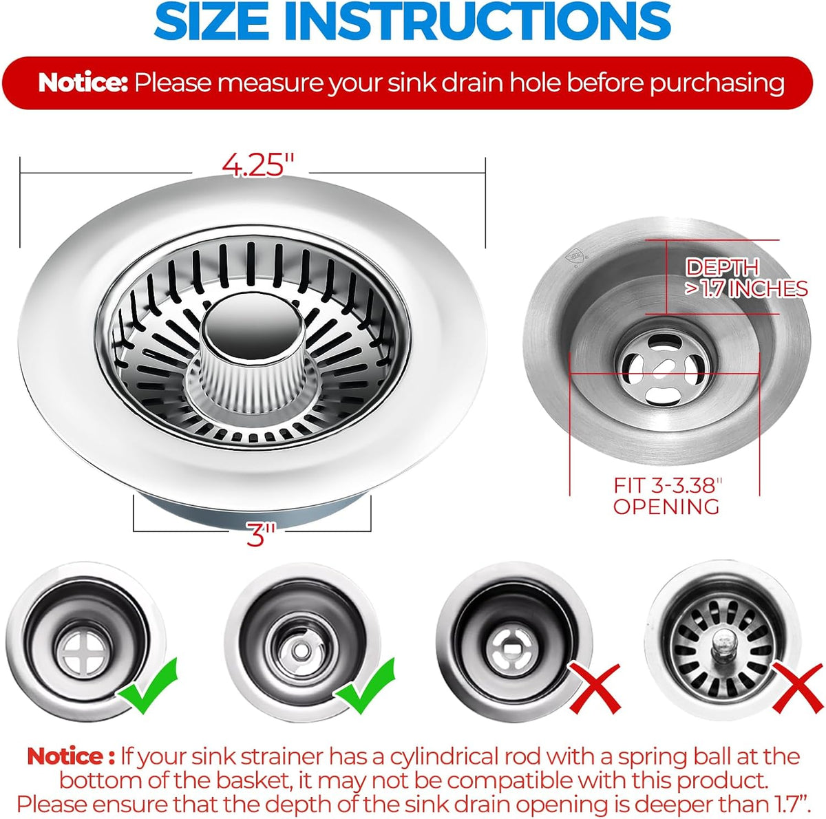 zaa Kitchen Sink Drain Strainer - Kitchen Sink Stopper, 304 Stainless Steel Sink Drain Stopper, Sink Protector for Kitchen with Anti-Clog Filter, Fit US Standard 3-1/2'' Sink Drain Hole, Silver