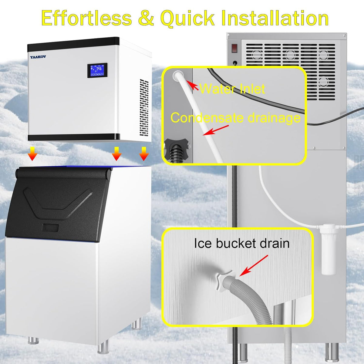 YAAKOV Commercial ice Machine Maker 650LBS/24H Commercial ice Maker Machine with 400LBS ice Maker Commercial Large Storage Bin,Ice Maker Machine Stainless Steel for Bar Cafe Restaurant Bussiness