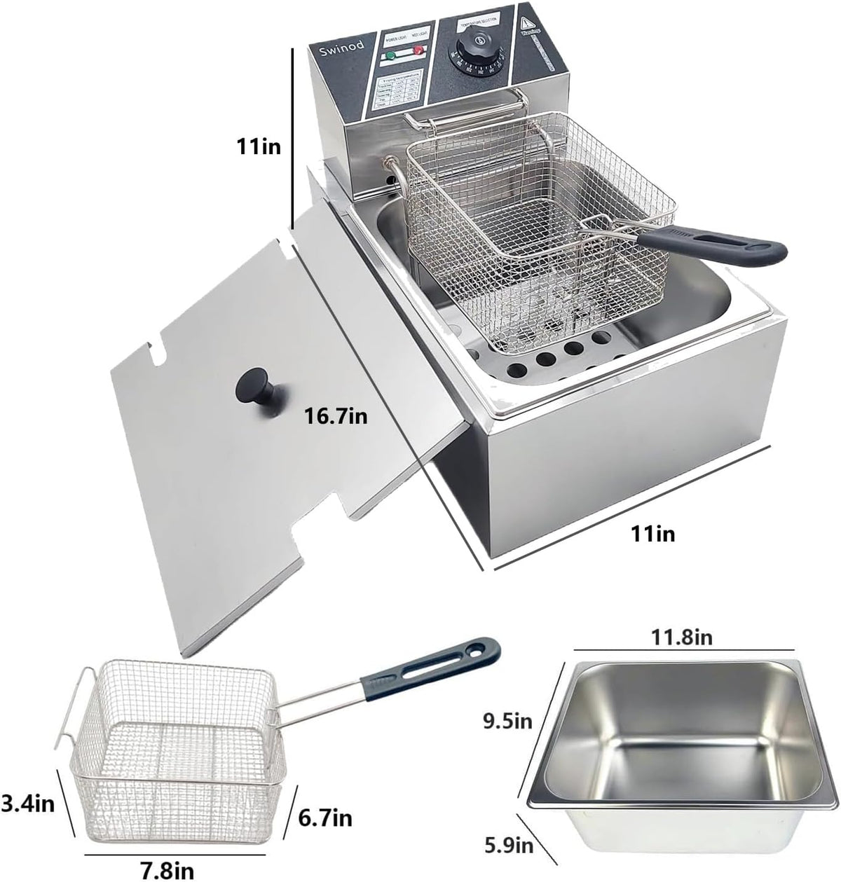 Electric Deep Fryer with Basket for Home Use, Countertop Commercial Deep Fryer 1700w Powerful Performance 9.7Qt Large Capacity Stainless Steel Oil Fryer, Temperature Control