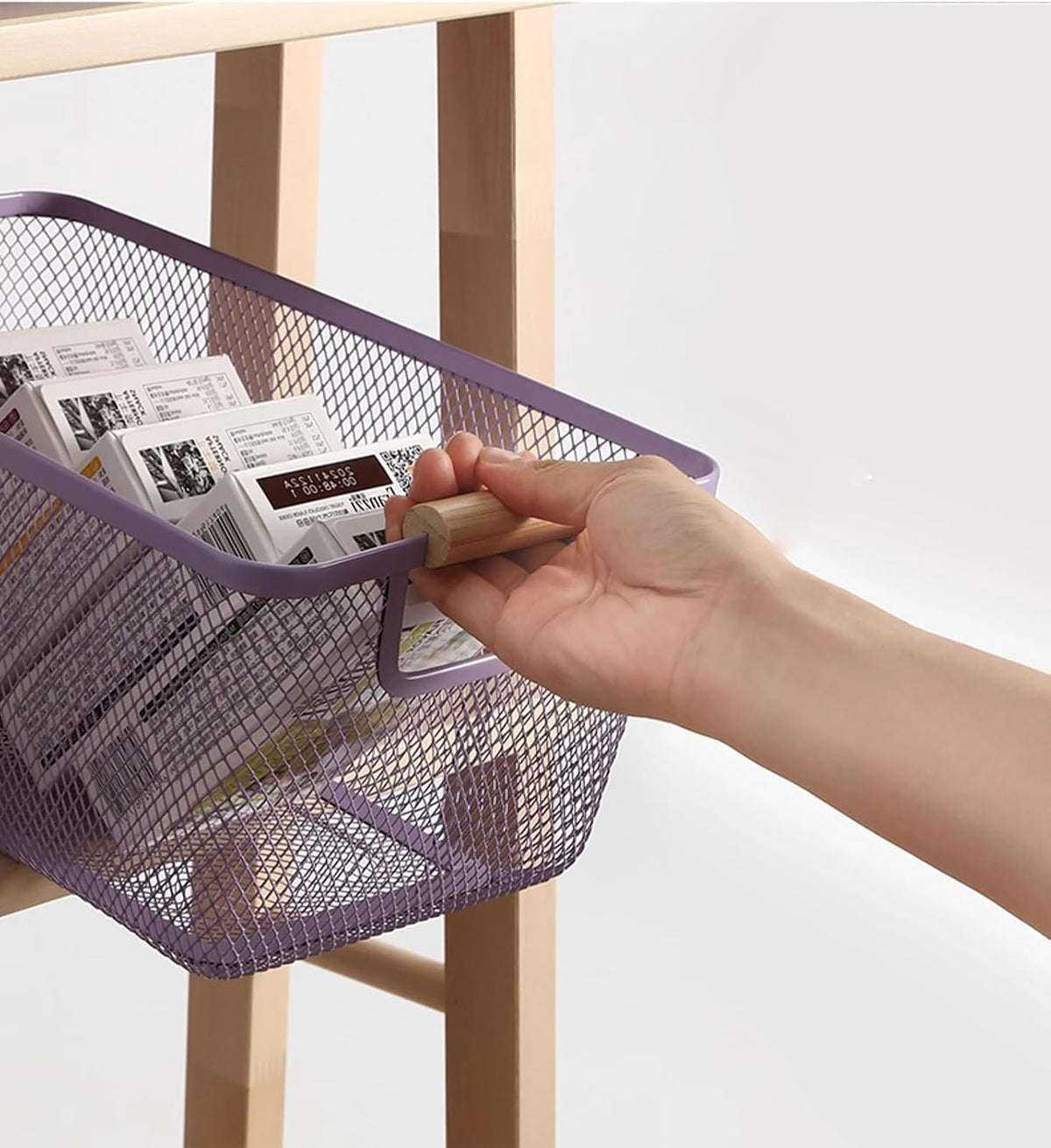 Metal Mesh Steel Basket, Medium Wire Storage Organizer Basket Multi-function Hanging Kitchen Basket with Wood Handle for Kitchen Bathroom Picnic Home, Rectangle-Purple