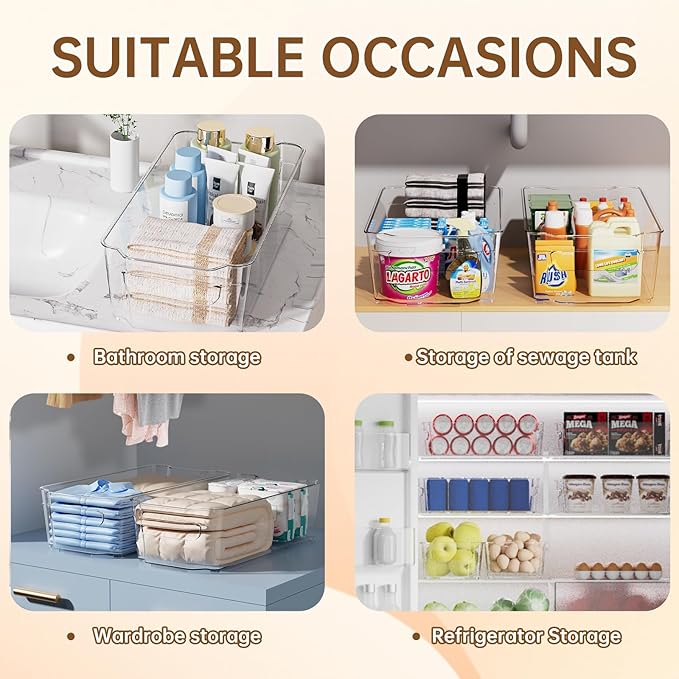Clear Fridge Organizer, Refrigerator Organizer Bins with Handle, Freezer, Kitchen Cabinet, Pantry Organization, BPA Free Fridge Organizers (12.4 inch 2 Pack)