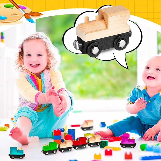 Halloscume 12 Pcs Unfinished DIY Wooden Trains Magnetic Unpainted Wooden Train Cars Toys for Railway Paint Project, Birthday Party Decorations Back to School Crafts Gifts Supplies (Classic)