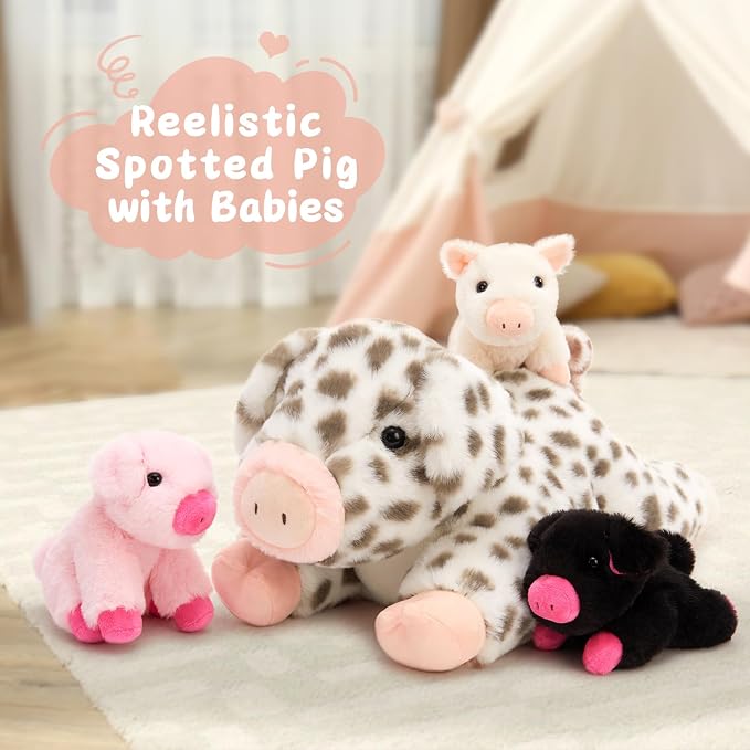 MorisMos Spotted Pig Stuffed Animal Set,20'' Large Mama and 3 Baby Piglet Stuffed Animals for Girl Boy,4 Pack Plush Pig Toys Gifts for Kid,Piglet Lover, Cute Piggy Decor for Birthday Party Christmas