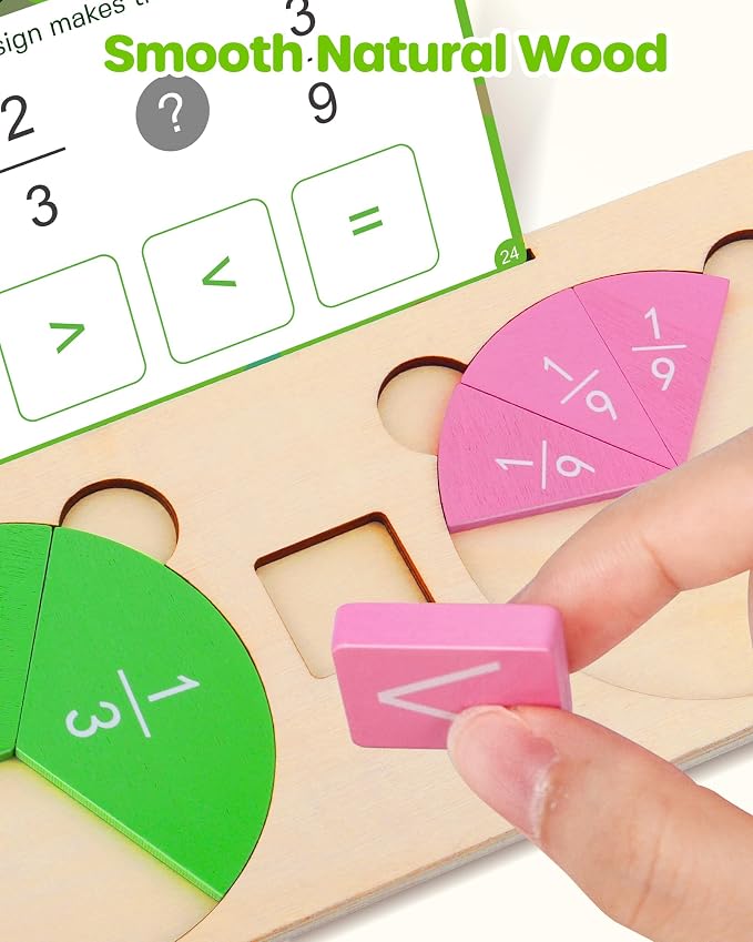 D-FantiX Wooden Fraction Educational Puzzle, Wood Fraction Tiles & Fraction Circles Set, Math Manipulatives for Elementary School, Montessori Fraction Manipulatives Games Learning Toys for Kids