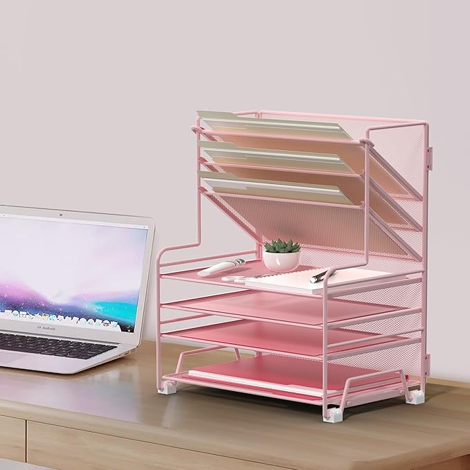 4-Tier Paper Organizer + 3-Pocket File Holder + Drawer + Pen Holders, Desktop File Organizers Paper Tray for Office Supplies School Classroom Organization (Pink, with Drawer & Pen Holder)