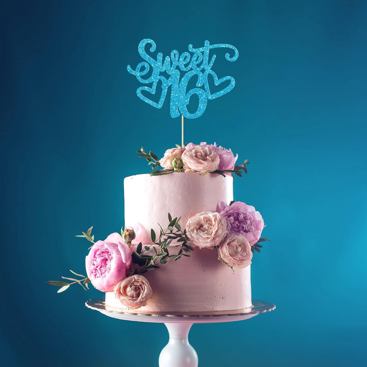 Gyufise 1Pc Sweet Teenager 16 Cake Topper Glitter 16th Birthday Cake Pick for Cheers to 16 Years Old 16th Birthday Party Cake Decorations Supplies Light Blue