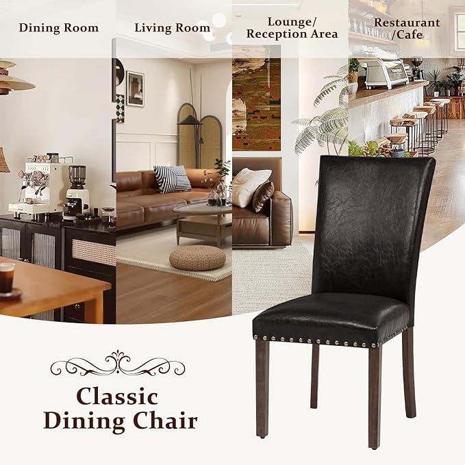 Furniliving Upholstered Dining Chairs Set of 2 - PU Leather Modern Farmhouse Kitchen Chairs, High-Back Dining Room Chairs with Wooden Legs for Kitchen Dining Room Living Room.Brown