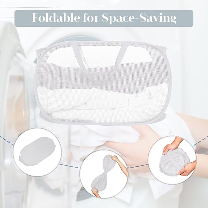 Strong Mesh Pop Up Laundry Basket, Collapsible Laundry Hamper with Side Pocket, Foldable Clothes Pop Up Hamper with Durable Reinforced Handles for Laundry, Bathroom, Kids Room, Dorm or Travel White