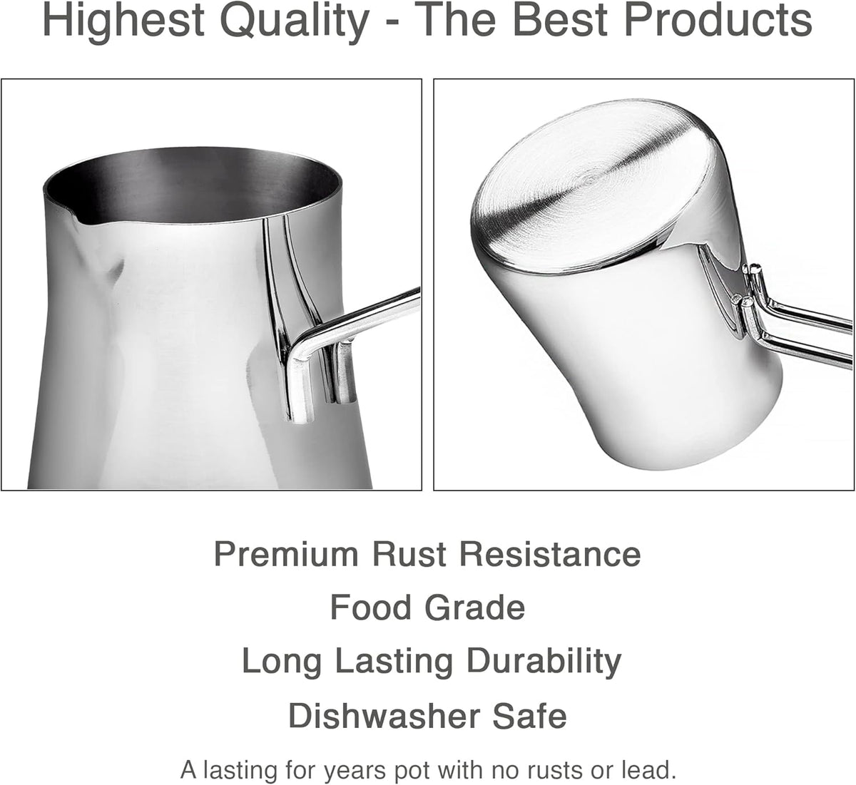 CRYSTALIA Turkish Coffee Pot 18/10 Stainless Steel, Stove Top Tea Maker, Milk Warmer, Greek Arabic Coffee Cezve Briki, 29 oz (Silver, Large)