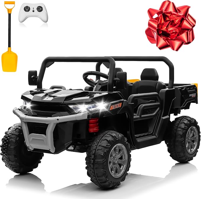 24V 4WD Ride on Car Dump Truck w/4X200W Motor, 2 Seaters, Gift Flower, 2.4G Remote Control, Bluetooth Music, LED Light, 24 Volt Ride on Toy Cars for Big Kids, Black