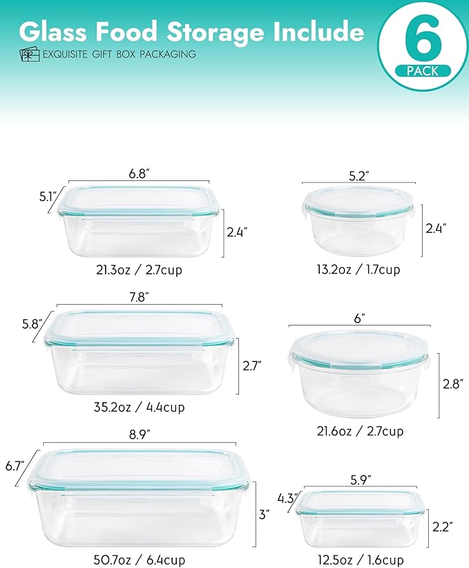 6-Piece Borosilicate Glass Food Storage Containers Set with Airtight Lids - Oven, Microwave & Freezer Safe, Leak-Proof, BPA-Free - Baking, Meal Prep & Gift Ready