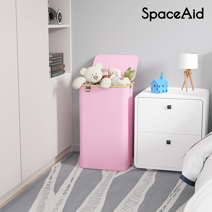 SpaceAid Laundry Hamper with Lid, 110L Large Tall Clothes Basket Bin with Bamboo Handles, Collapsible Laundry Hamper for Bedroom, Bathroom, Dorm, Laundry Room - Pink