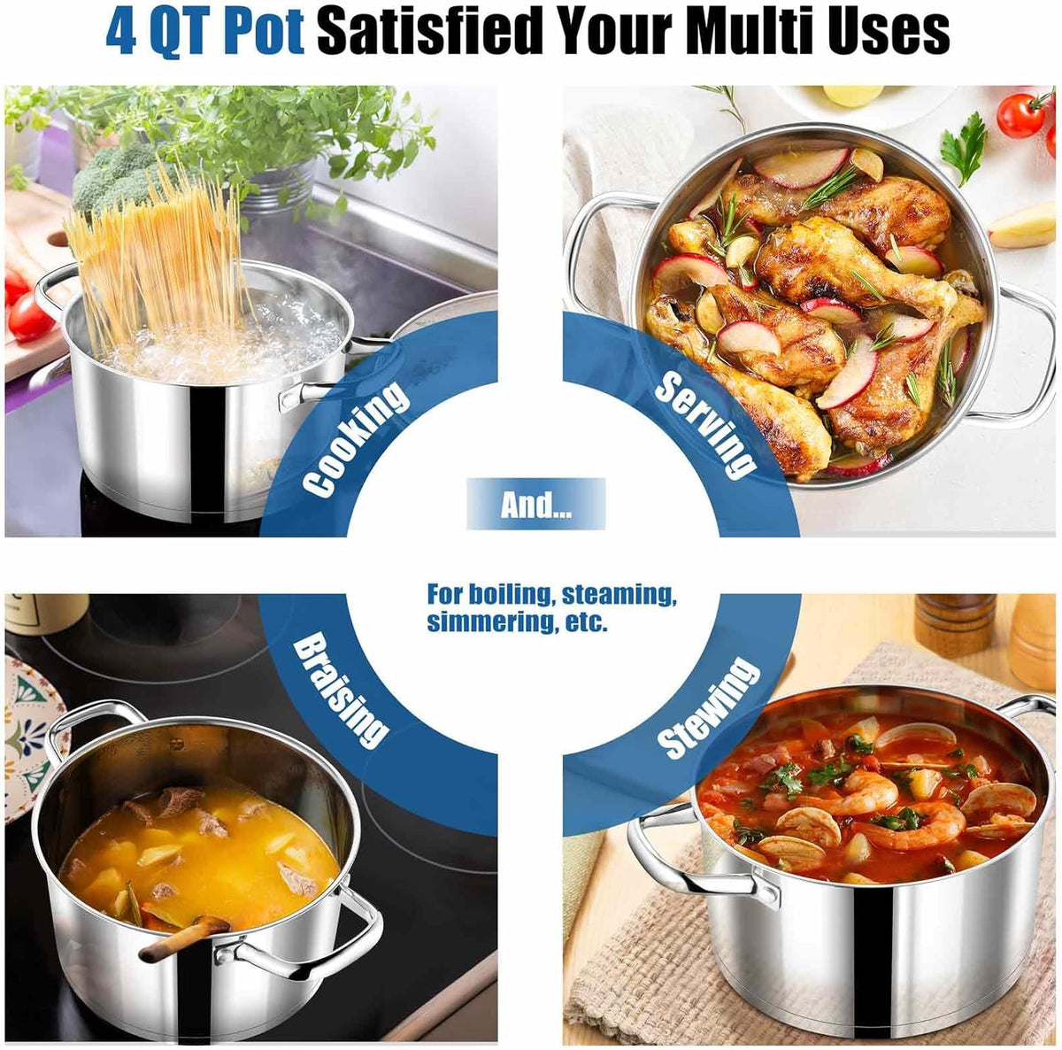 P&P CHEF 4 Quarts Cooking Stock Pot with Lid, Stainless Steel Stockpot Induction Pot for Soup, Tri-Ply Bottom & Clear Glass Lid & Double Handle, Dishwasher Safe