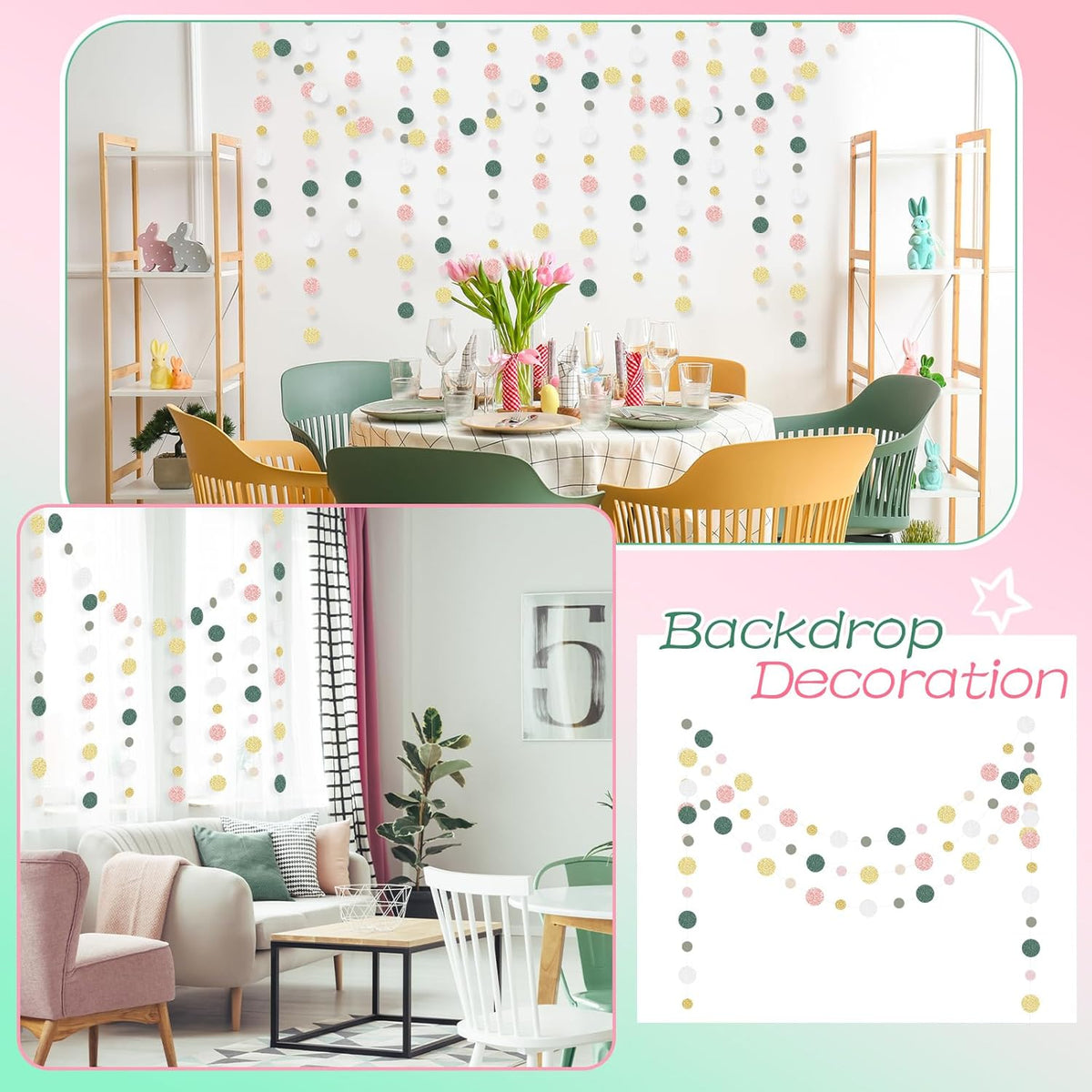 Outus 10 Pieces Colorful Dots Paper Garland Round Glitter Garland Hanging Confetti Streamers Backdrop Decoration for Birthday Classroom Candy Sprinkles Trunk or Treat Party (Sage Green,Pink,Gold)