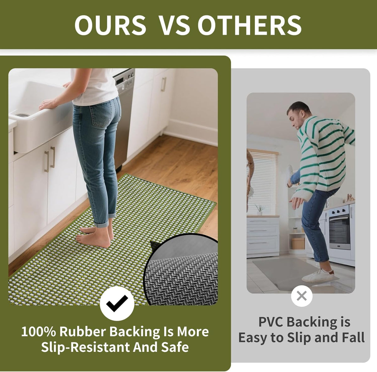 Kitchen Runner Rugs Non Slip Washable, Super Absorbent Soft Chenille Braided Kitchen Mats for Floor Rubber Backing Sink Mat Standing Hallway Floor Mat, Easy Clean, Green 17"x59"