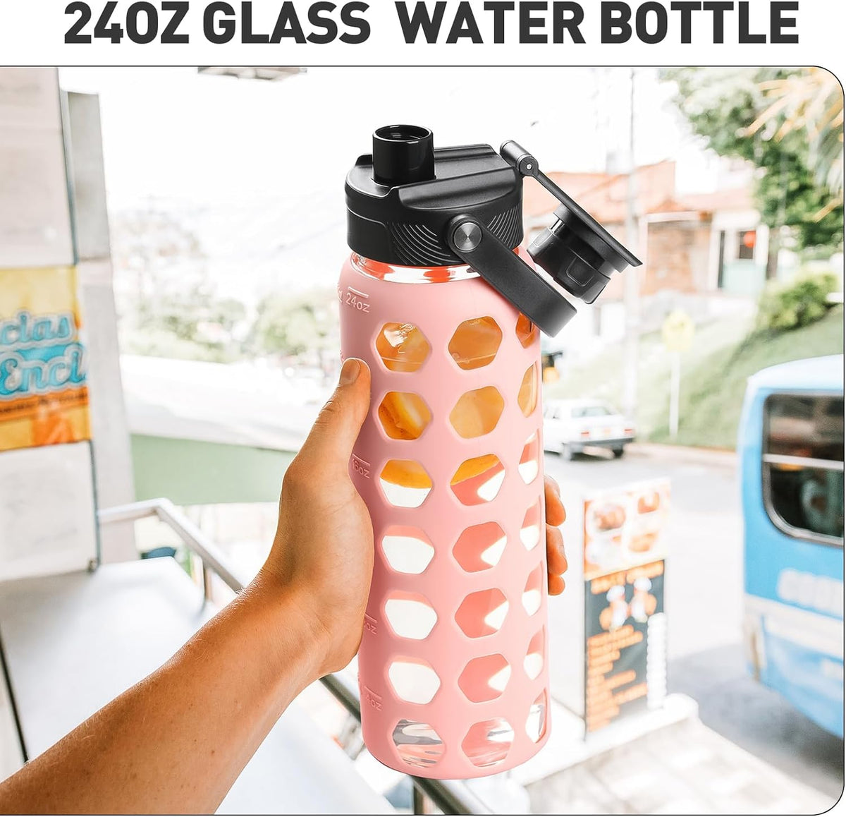MUKOKO Glass Water Bottles, 24oz Glass Tumbler with Straw, Drinking Bottles with 2 Lids-Handle Spout Lid&Bamboo Straw Lid, Motivational Water Bottle with Time Marker and Silicone Sleeve, 1 Pack-Pink