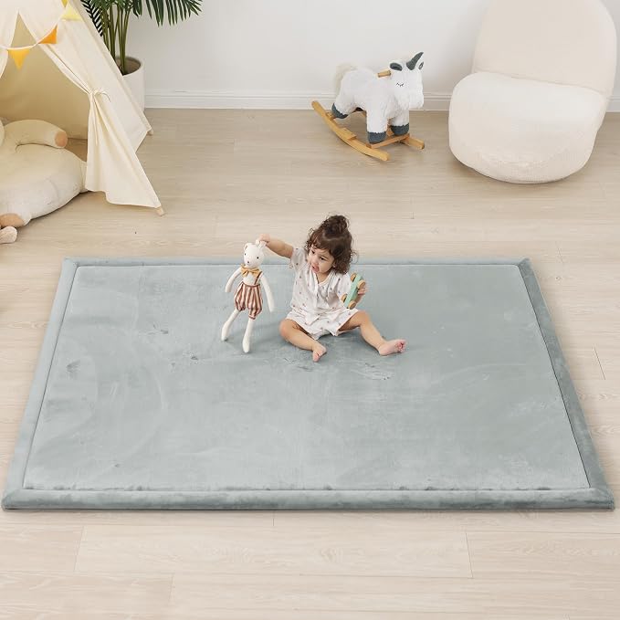 1.5" Thick Padded Baby Play Mat for Floor Tummy Time, Pro Soft Foam Activity Playroom Playmats, Easy Care with Non-Slip Safe for Infant Toddlers Crawling 71"x 79" (Light Grey)