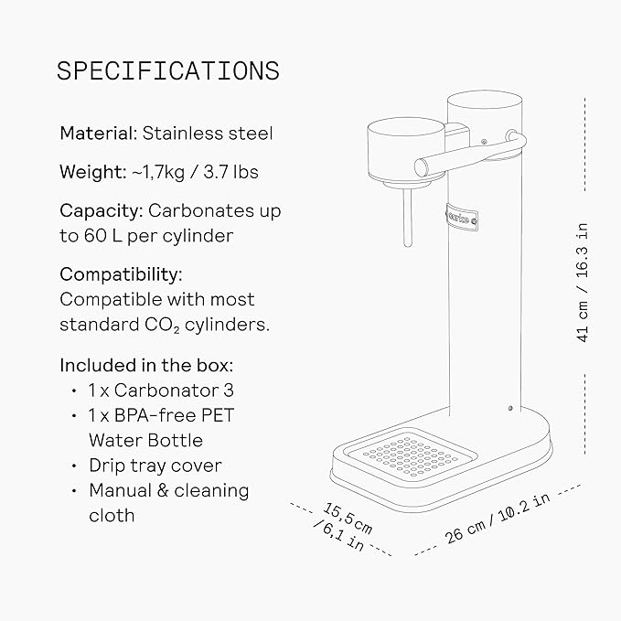 Aarke Carbonator lll, Sparkling & Carbonation Water Machine, Stainless Steel with PET BPA-Free Reusable Bottle Volume 1L/34 fl oz (Matte Grey)