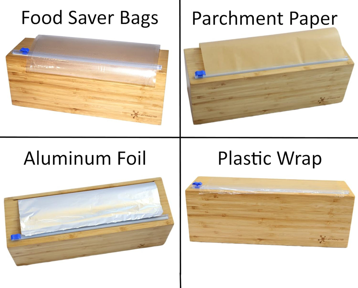 Vacuum Sealer Bag Roll Dispenser with Slide Cutter - Reusable Bamboo Vacuum Bag Dispenser Fits Most 50 ft Food Saver Bags Rolls, Most 12" Rolls of Plastic Wrap, Aluminum Foil and Wax Paper