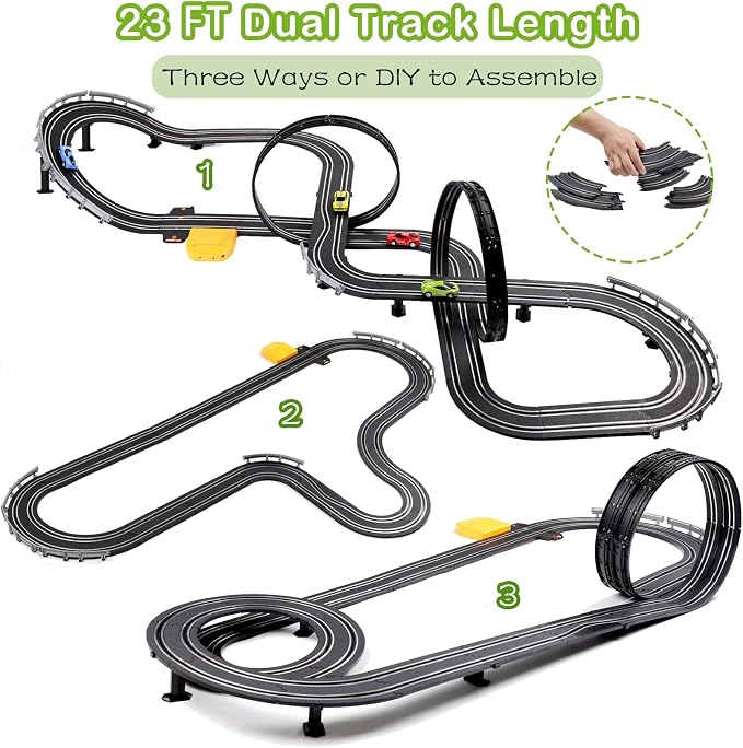 Slot Car Race Track Sets, 23ft Battery Powered or Electric Track with 4 Slot Cars, Dual Racing Game Lap Counters, Race Track Set Features a Loop, Turns, Straightaways and a Crossover for Boys Age 6-12