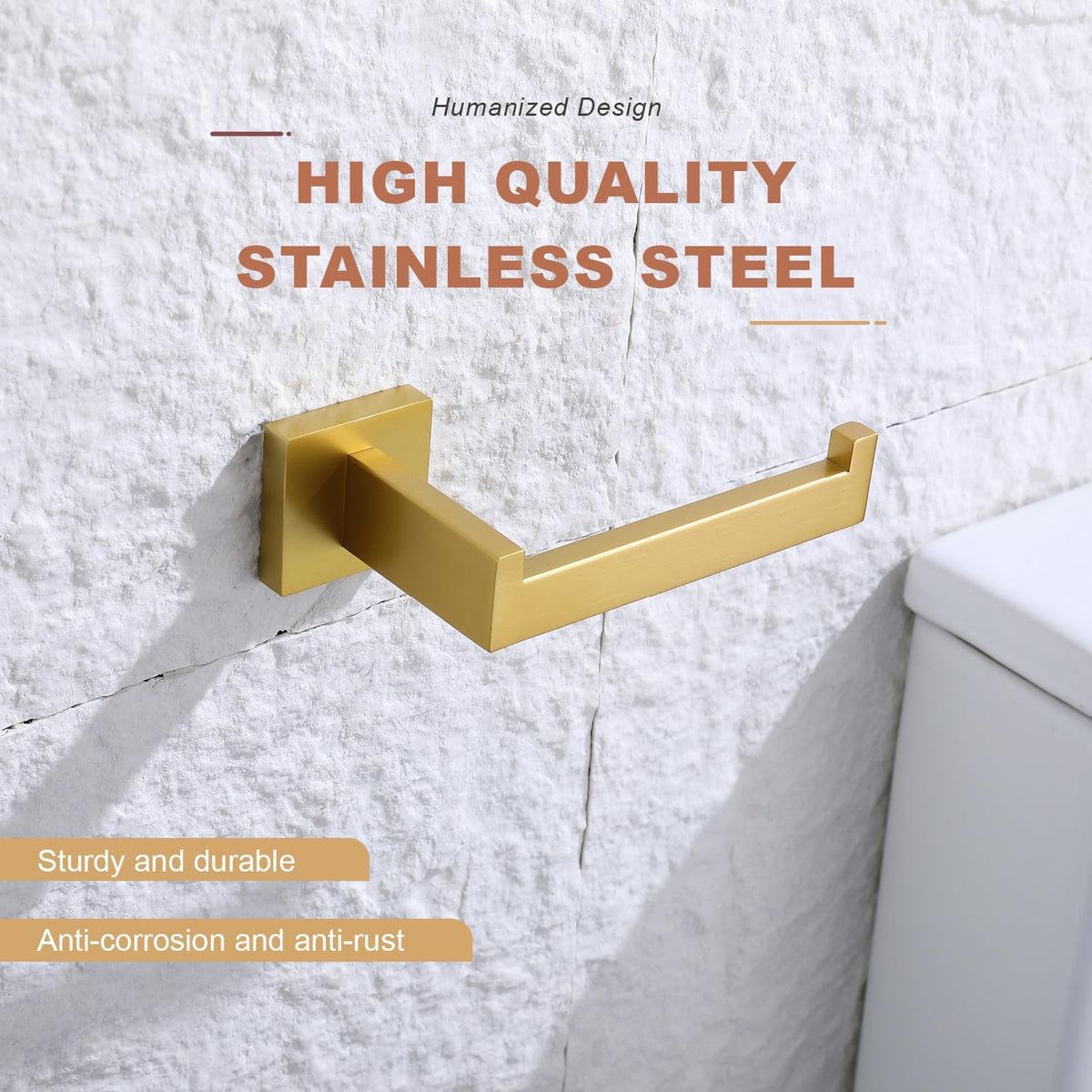 TASTOS Toilet Paper Holder Brushed Gold, Toilet Tissue Roll Holders Dispenser and Hangers Wall Mounted for Bathroom & Kitchen, Stainless Steel Modern Square Style