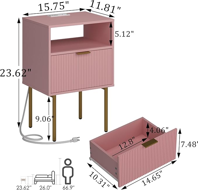 Modern Nightstand with Charging Station and LED Lights, White Bedside Table with Drawer, Fluted Side Table for Living Room, Bedroom