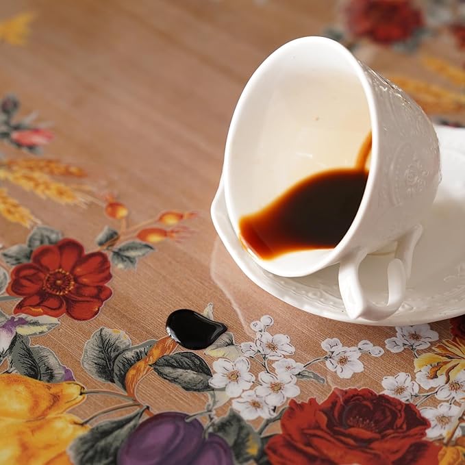 Clear Table Cover Protector Vinyl PVC Rectangle Table Cloth with Floral Fruit Pattern Oil Spill Proof Plastic Tablecloths for Dining Tables Parties Holidays (Floral Fruit, 55 x 84 Inches)
