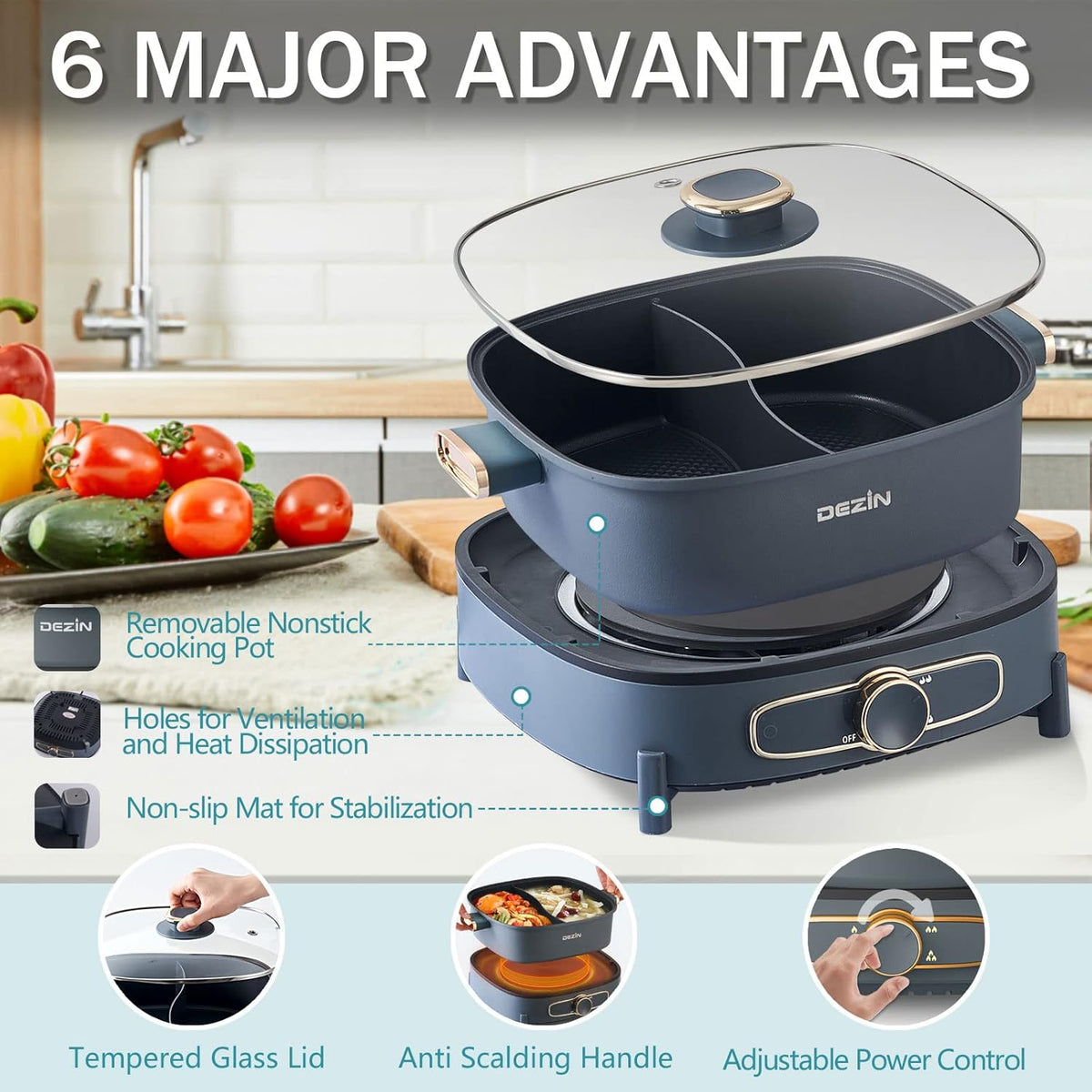 Dezin Hot Pot Electric with Divider, 5.5L Double-Flavor Electric Shabu Shabu Pot, Removable Non-Stick Dual Sided Electric Cooker, 3" Depth Divided Pot with Multi-Power Control, 2 Silicone Ladles