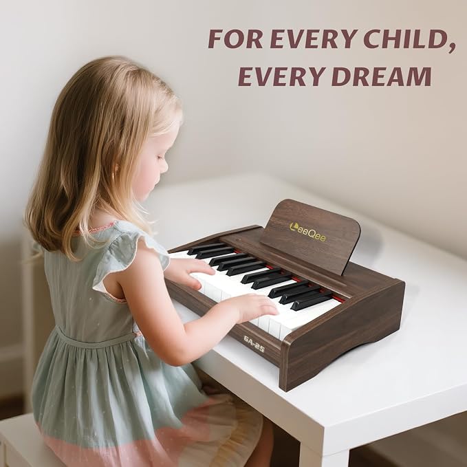 LeeQee 25-Key Wooden Electronic Piano Keyboard for Kids - Educational Music Toy with Realistic Sound, Dual Power Supply & Learning Accessories - Perfect Toddler Learning Gift