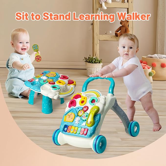 Sit to Stand Baby Walker, Activity Center with Music and Light, Activity Table for Toddlers, Push Toys for Babies Learning to Walk, Early Education Toys for Infant Boys Girls 6 Months Up (Blue)