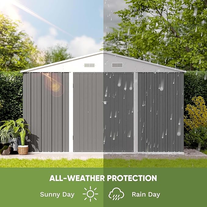 Greesum 10x8FT Outdoor Storage Shed, Utility Tool Shed Metal Storage Garden Shed with Door & Lock for Patio Storage, Gray